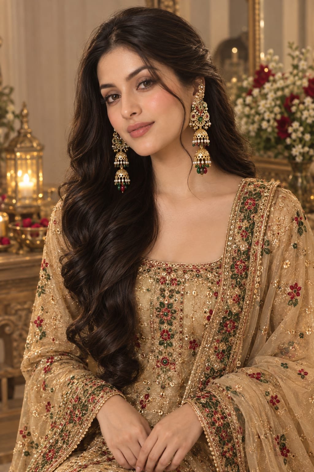 golden green pearl heavy statement earrings model 3 Frontal view of traditional gold ear cuff Jhumka earrings with green stone drops on a model.