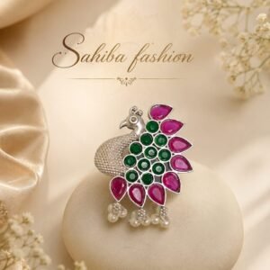Golden peacock earrings with dark pink and green stones and white pearl drops