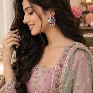 Side portrait of a woman with open wavy hair showcasing dark pink stone peacock silver stud earrings.