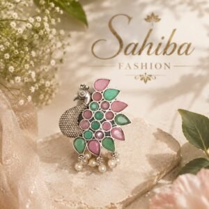Golden peacock earrings with Light pink and green stones and white pearl drops
