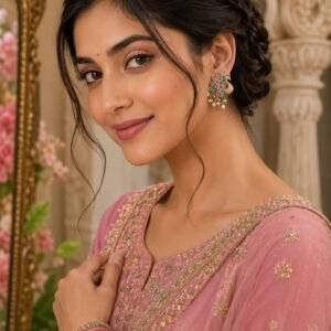 golden peacock light pink green stone pearl drop earrings traditional jewellery model 4
