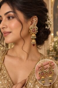 Side profile of gold finish multi-tier Jhumka ear cuffs with inset showing product scale and detail.