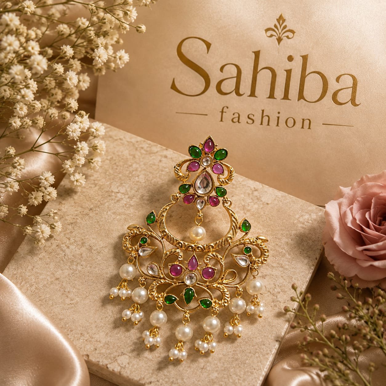 golden chandelier earrings with green stones, red beads and white pearl drops mockup 1 Golden chandelier earrings with green stones, red beads and white pearl drops