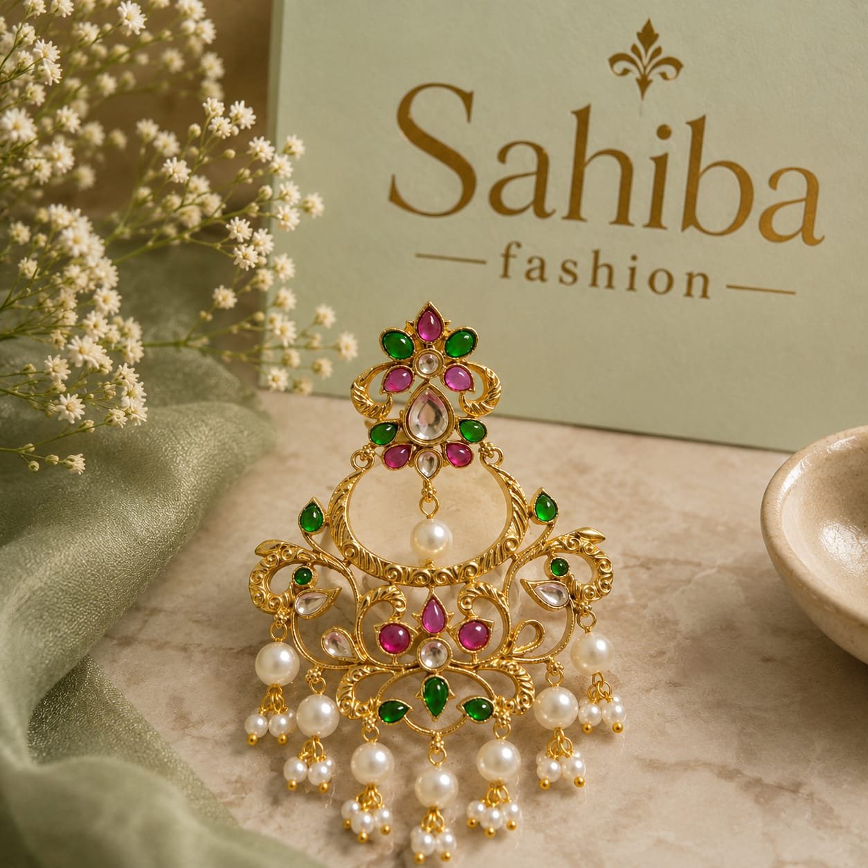 golden chandelier earrings with green stones, red beads and white pearl drops mockup 2 Sahiba Fashion gold chandbali earrings with pink and green stones and hanging pearl drops