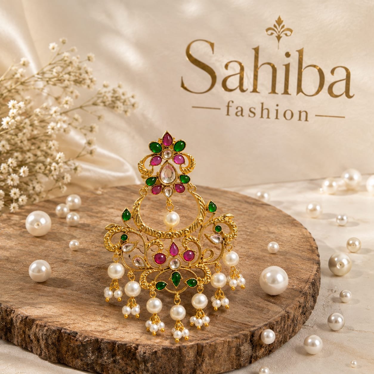 golden chandelier earrings with green stones, red beads and white pearl drops mockup 3 Sahiba Fashion gold chandbali earrings with pink and green stones and hanging pearl drops