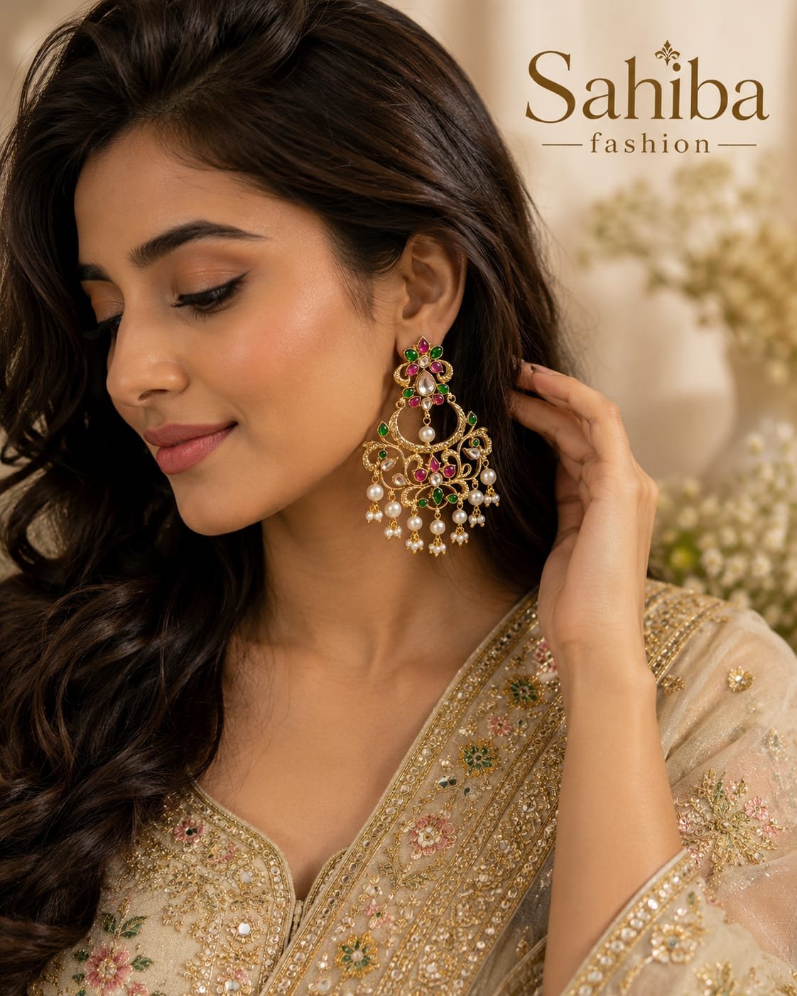 golden chandelier earrings with green stones, red beads and white pearl drops model 1 Model wearing Sahiba Fashion traditional gold chandbali earrings with pink green stones and pearl drops