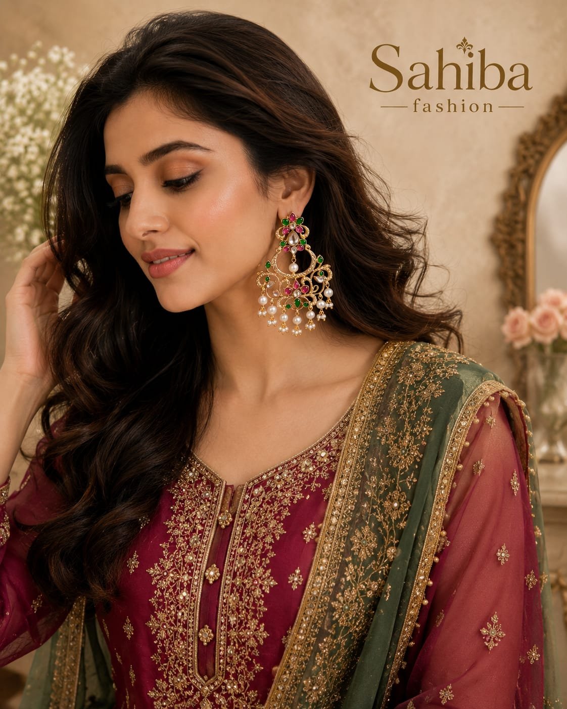 golden chandelier earrings with green stones, red beads and white pearl drops model 2 Model wearing Sahiba Fashion traditional gold chandbali earrings with pink green stones and pearl drops