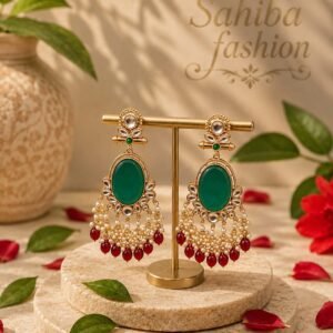 Golden dangler earring with large Pink oval stone, kundan stones, white pearls and green hanging beads