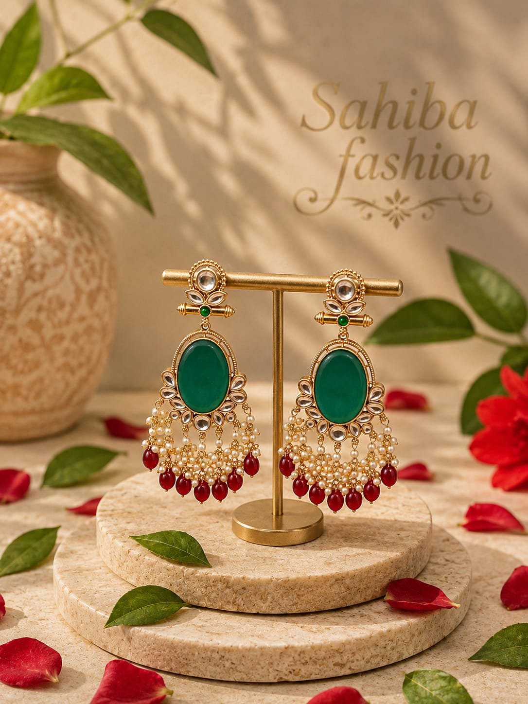 green oval stone kundan pearl red bead dangler earrings traditional jewellery mockup 1 Golden dangler earring with large Pink oval stone, kundan stones, white pearls and green hanging beads