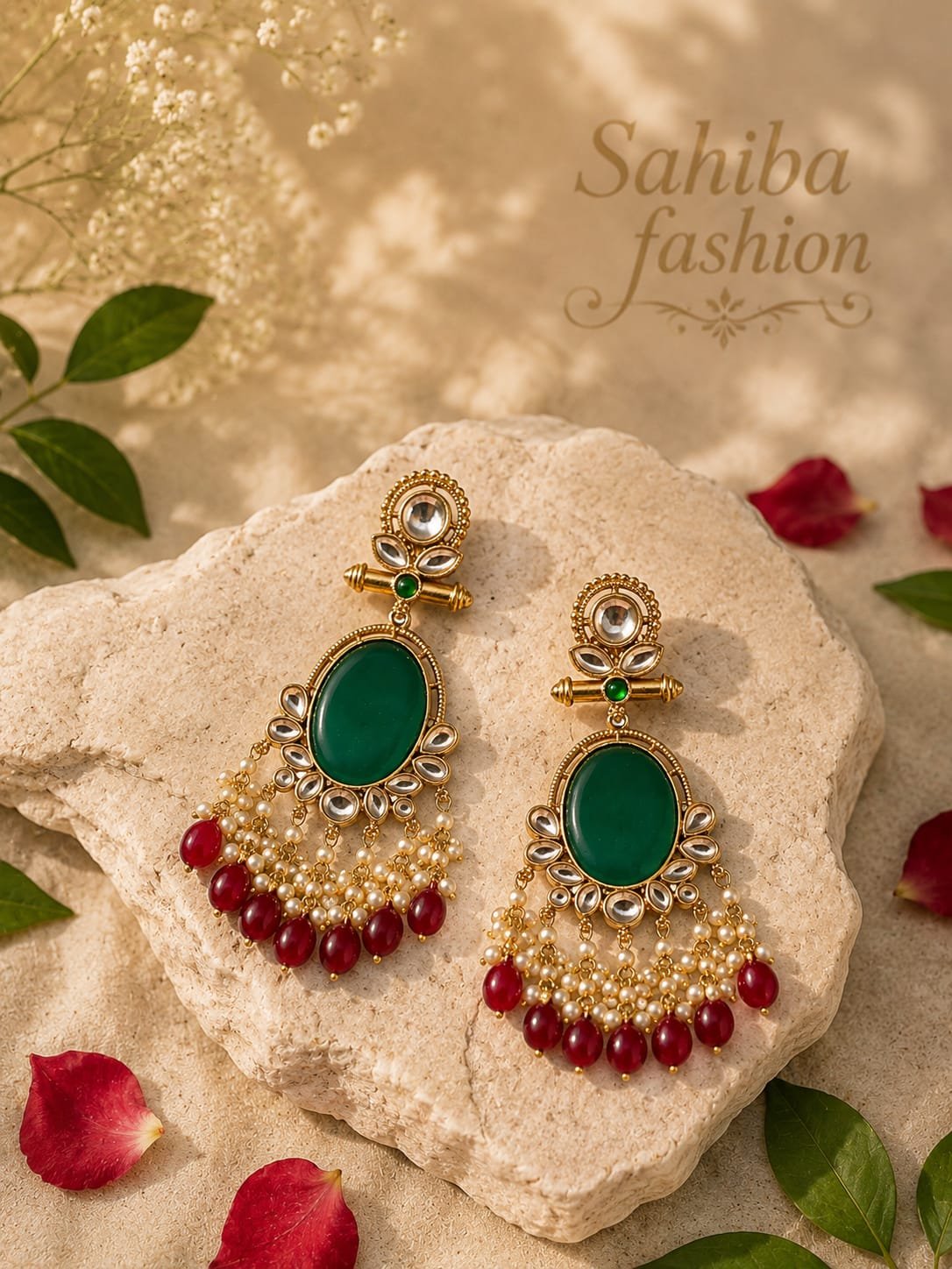 green oval stone kundan pearl red bead dangler earrings traditional jewellery mockup 2 Sahiba Fashion green oval stone kundan dangler earrings with pearl and red bead drops