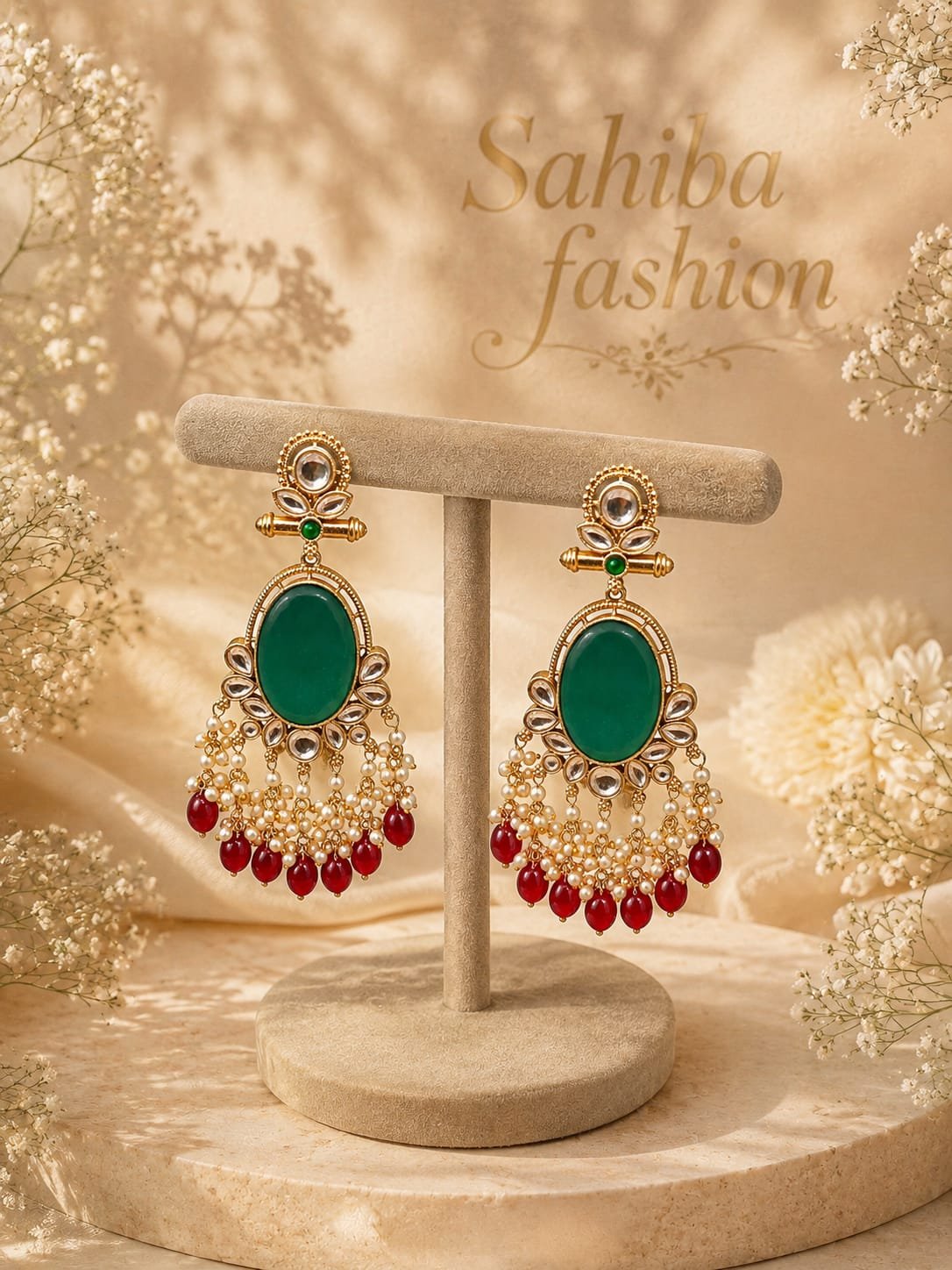 green oval stone kundan pearl red bead dangler earrings traditional jewellery mockup 3 Sahiba Fashion kundan oval green stone earrings displayed on jewelry stand
