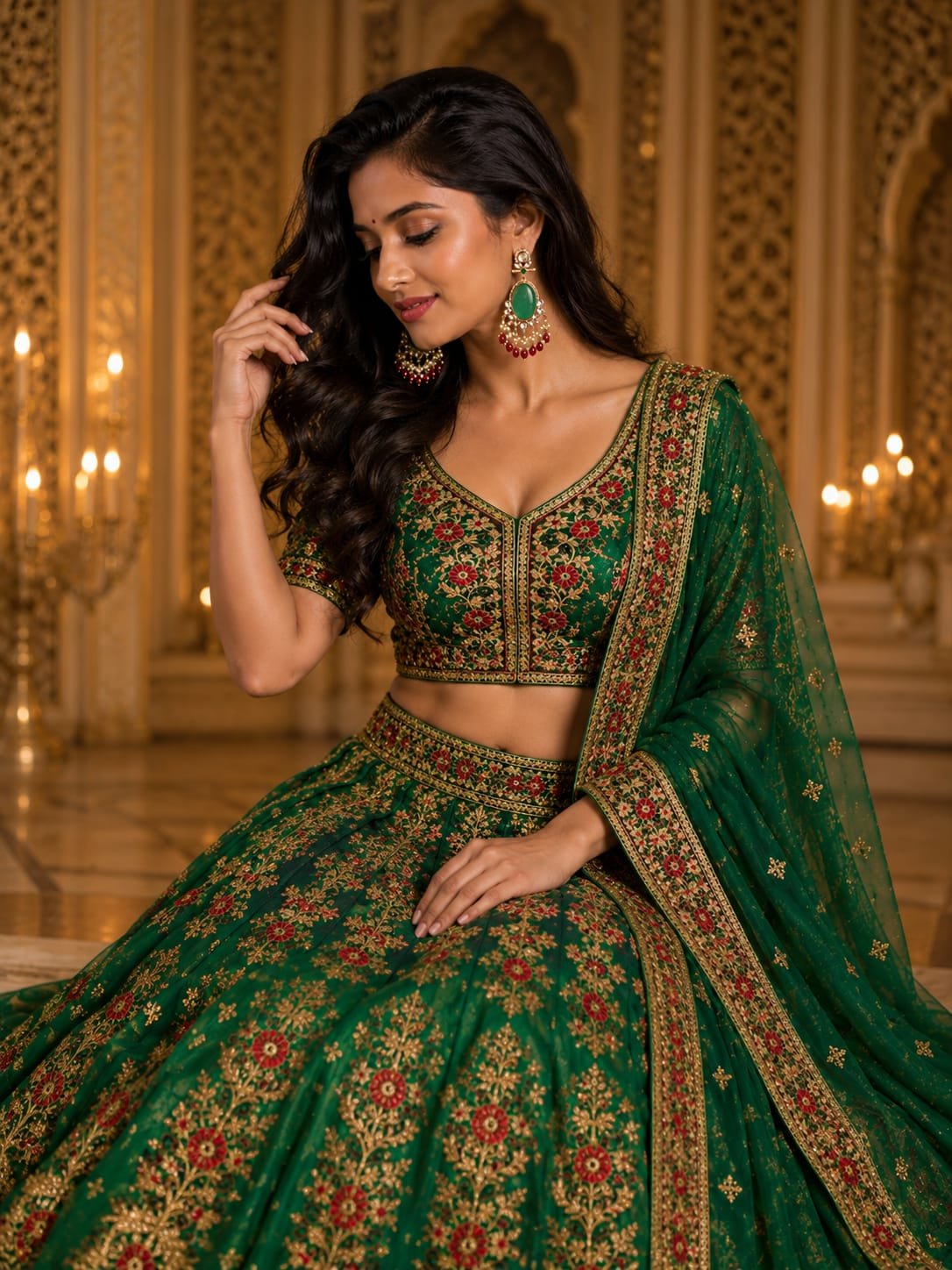 green oval stone kundan pearl red bead dangler earrings traditional jewellery model 1 Model wearing Sahiba Fashion green oval stone kundan earrings with embroidered green lehenga