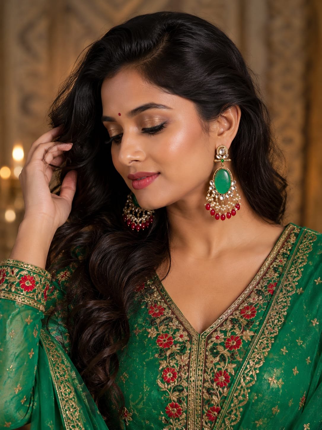 green oval stone kundan pearl red bead dangler earrings traditional jewellery model 3 Close-up portrait of model wearing Sahiba Fashion green kundan dangler earrings with red beads
