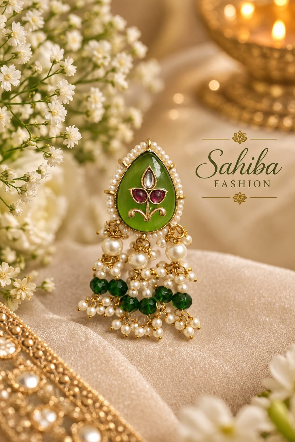 Handcrafted bridal green meenakari teardrop drop earring with pearl tassels on festive silk fabric. green stone pearl beaded gold earring mockup 1