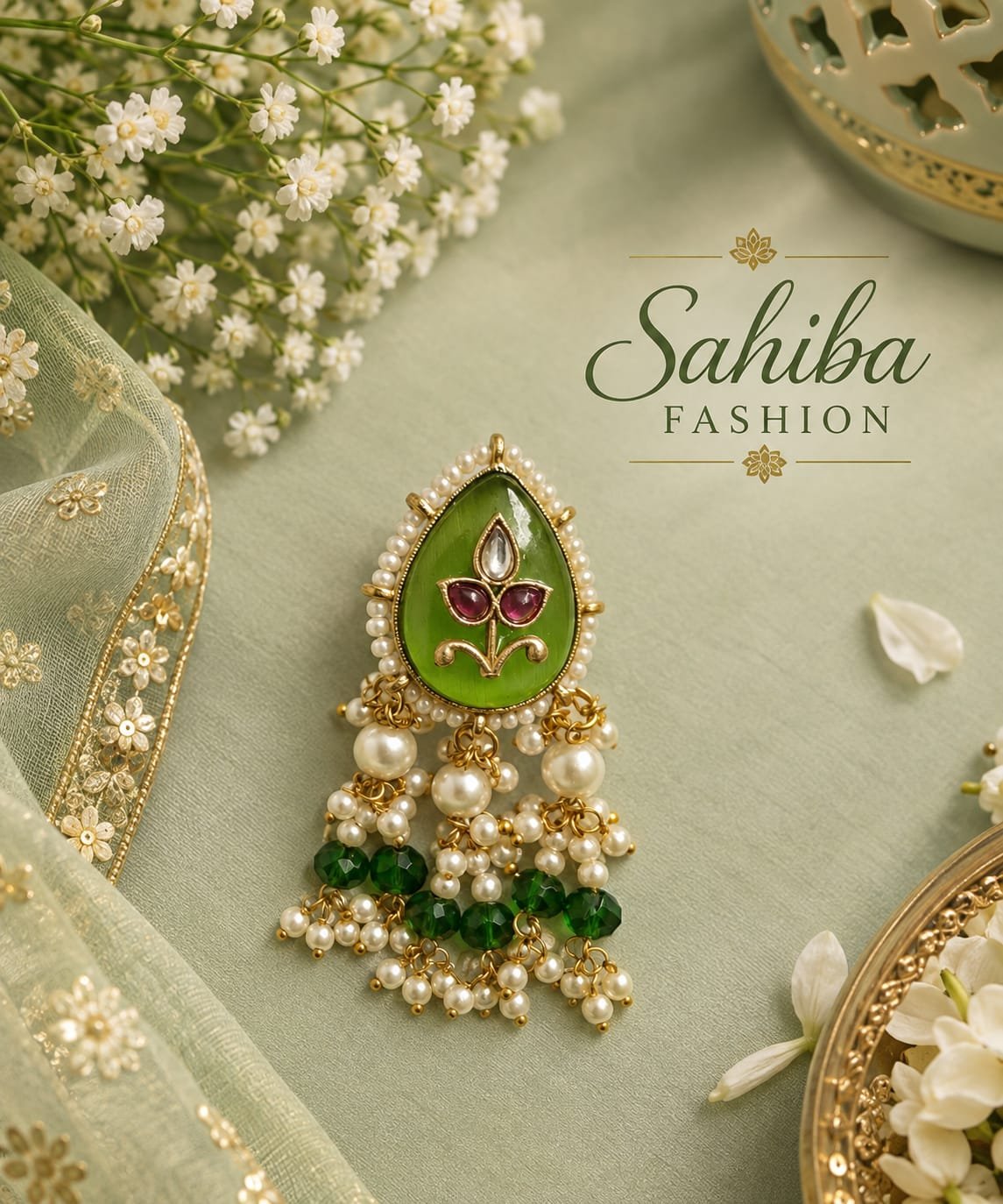 Traditional green enamel and pearl cluster earrings on sage green silk with Sahiba Fashion logo. green stone pearl beaded gold earring mockup 2