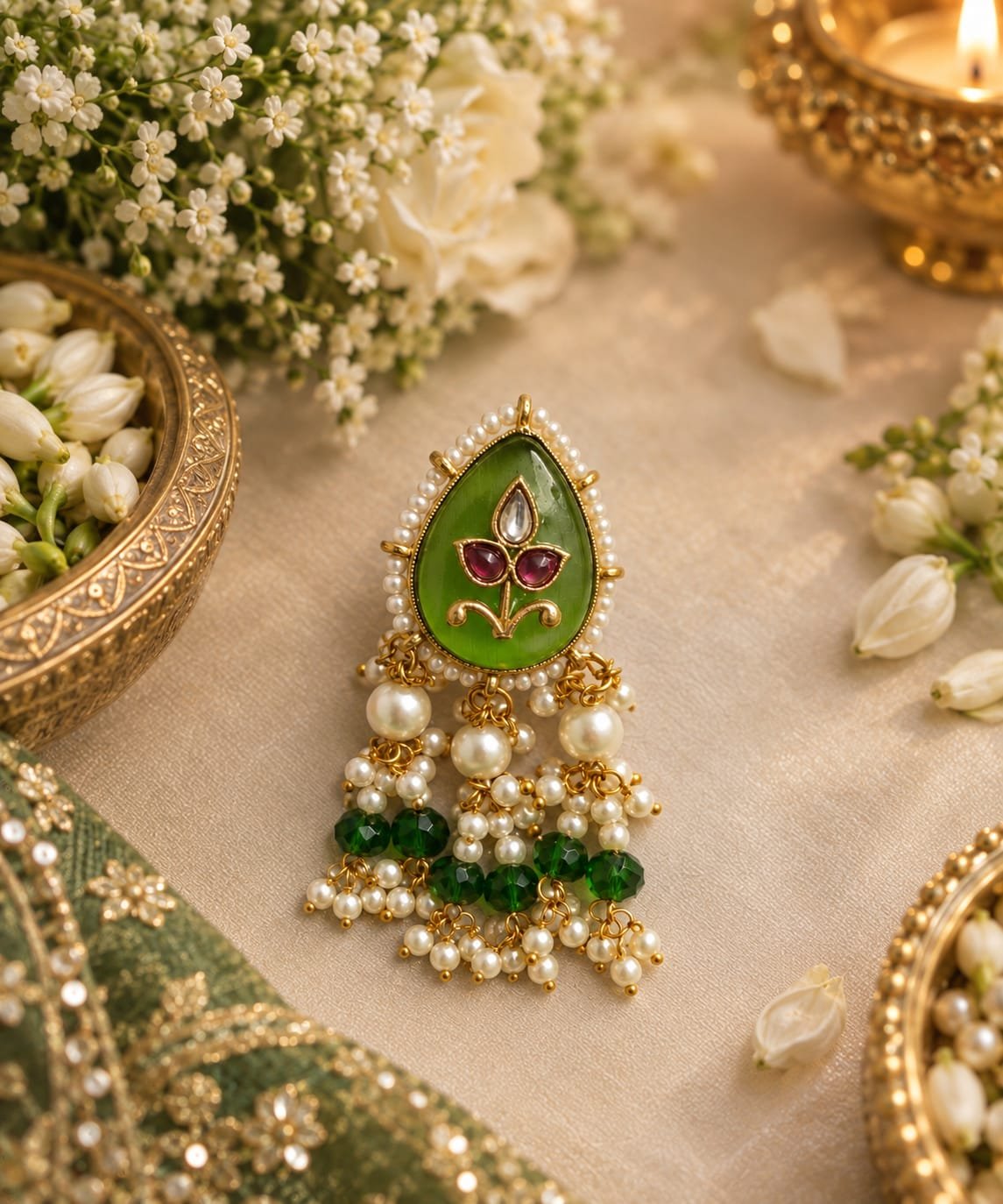 green stone pearl beaded gold earring mockup 3 Gold-plated light green teardrop earring with kundan floral motif and pearl tassels displayed with festive flowers.