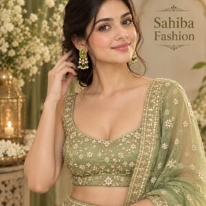 Model wearing gold-plated green meenakari teardrop earrings with pearl drops paired with an embroidered sage green lehenga choli.