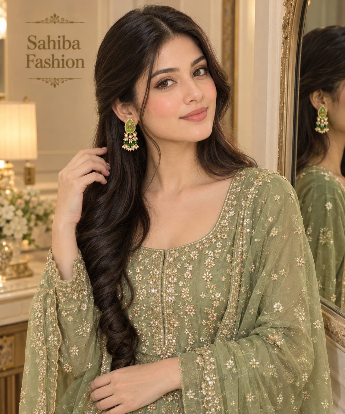 green stone pearl beaded gold earring model 2 Indian woman styling green stone floral drop earrings with a festive embroidered mint green Anarkali suit.