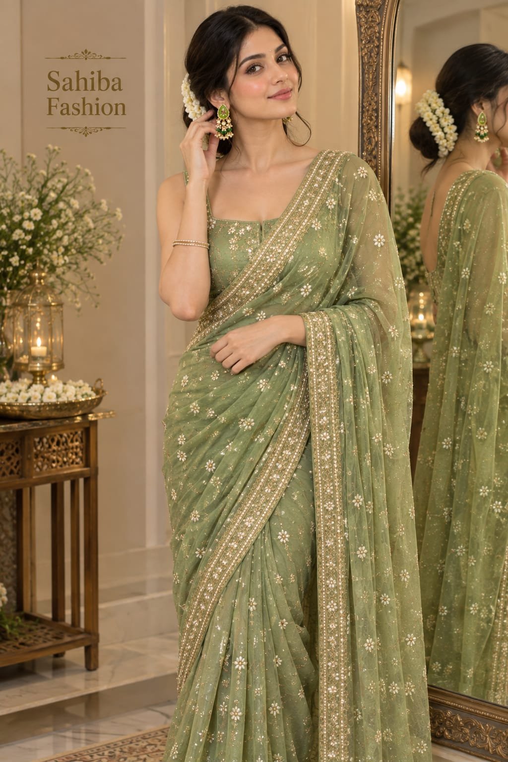 green stone pearl beaded gold earring model 4 Woman wearing traditional green meenakari pearl drop earrings paired with an embellished sage green net saree.