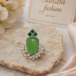 Silver-tone green stone pearl drop earrings with green square accents and delicate pearl detailing