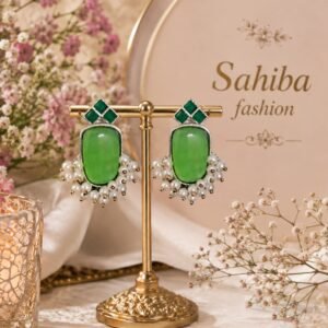green stone pearl drop earrings silver tone statement earrings mockup 4