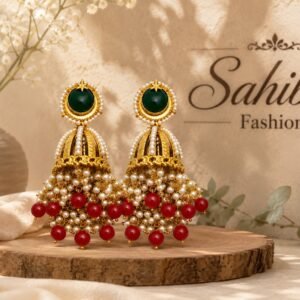 Green stone pearl jhumka earrings with golden detailing and red bead drops