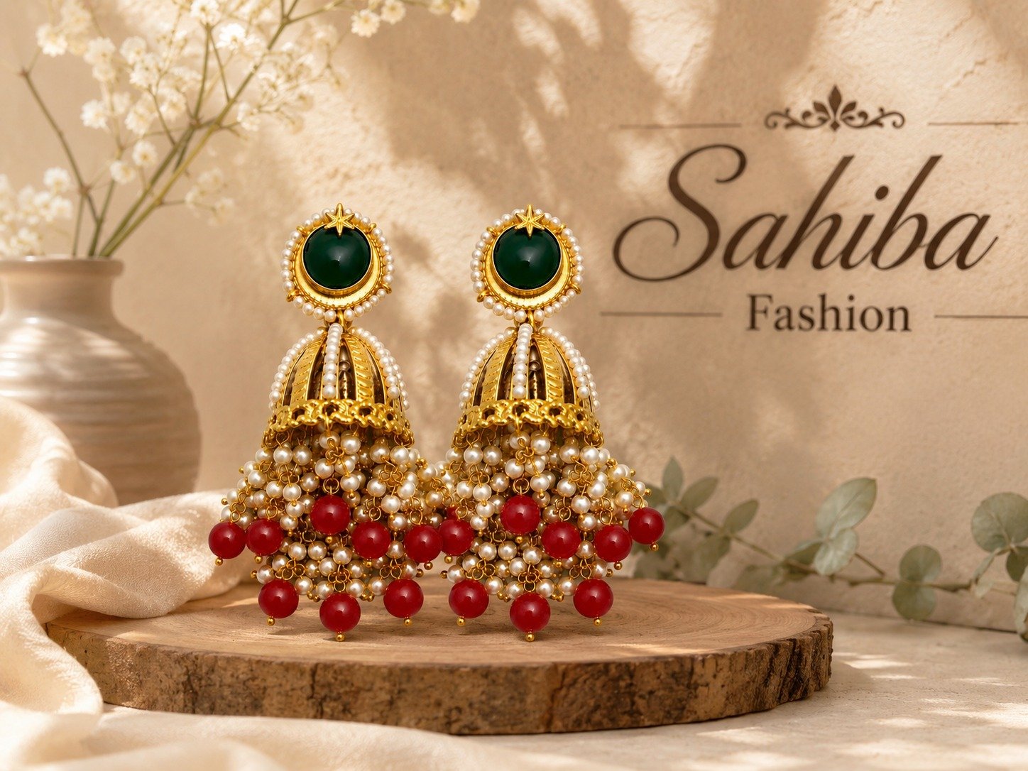 green stone pearl jhumka earrings with red beads mockup 4 Green stone pearl jhumka earrings with golden detailing and red bead drops