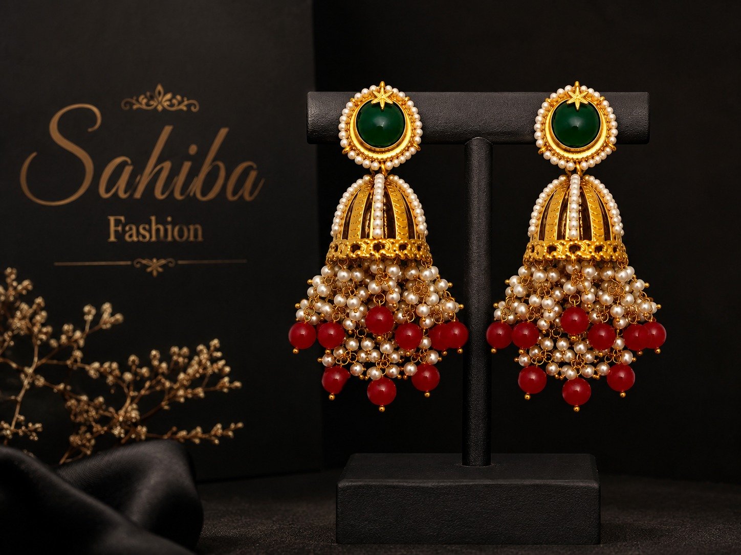 green stone pearl jhumka earrings with red beads mockup 5 green stone pearl jhumka earrings with red beads mockup 5