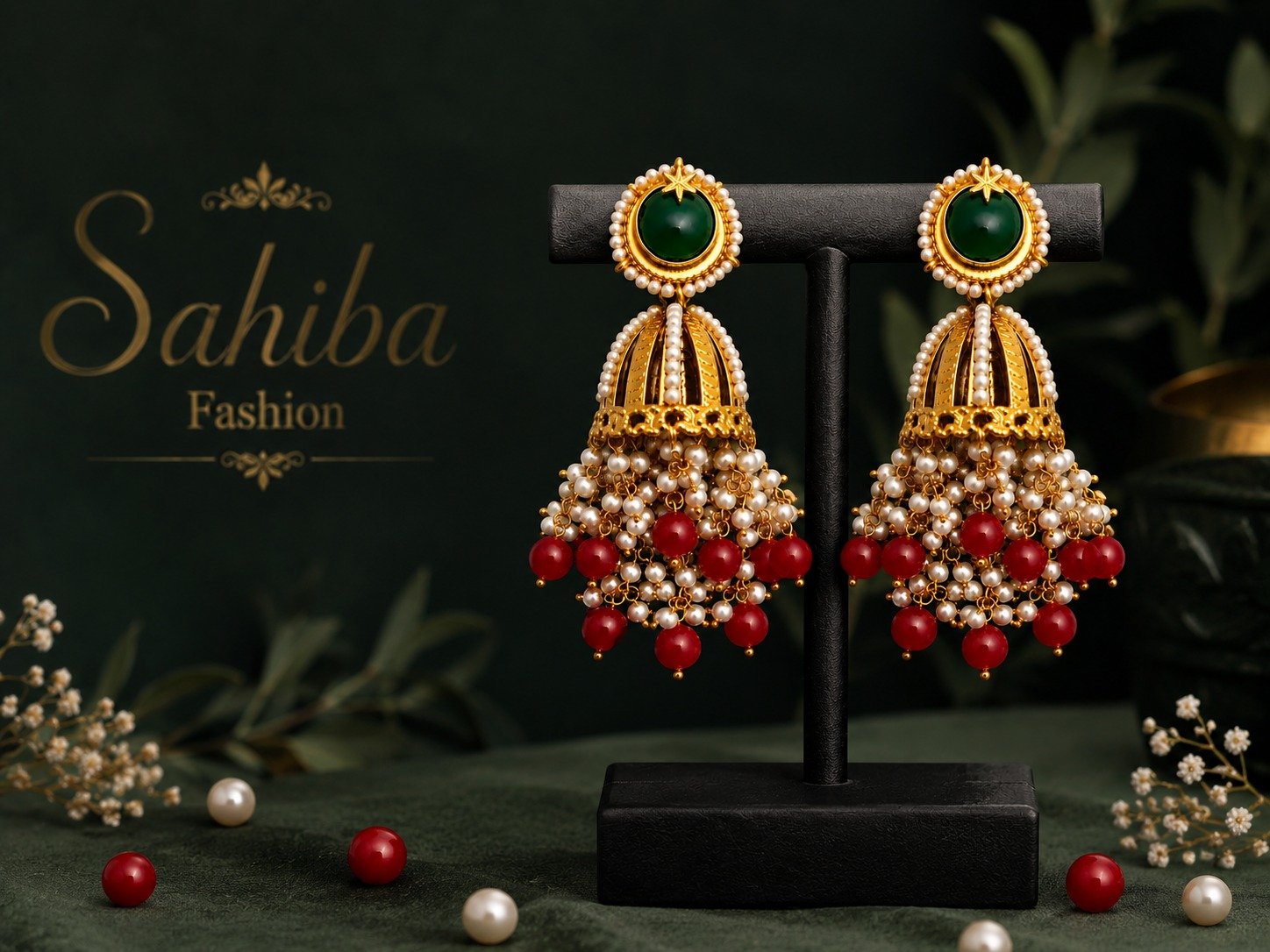 green stone pearl jhumka earrings with red beads mockup 6 green stone pearl jhumka earrings with red beads mockup 6