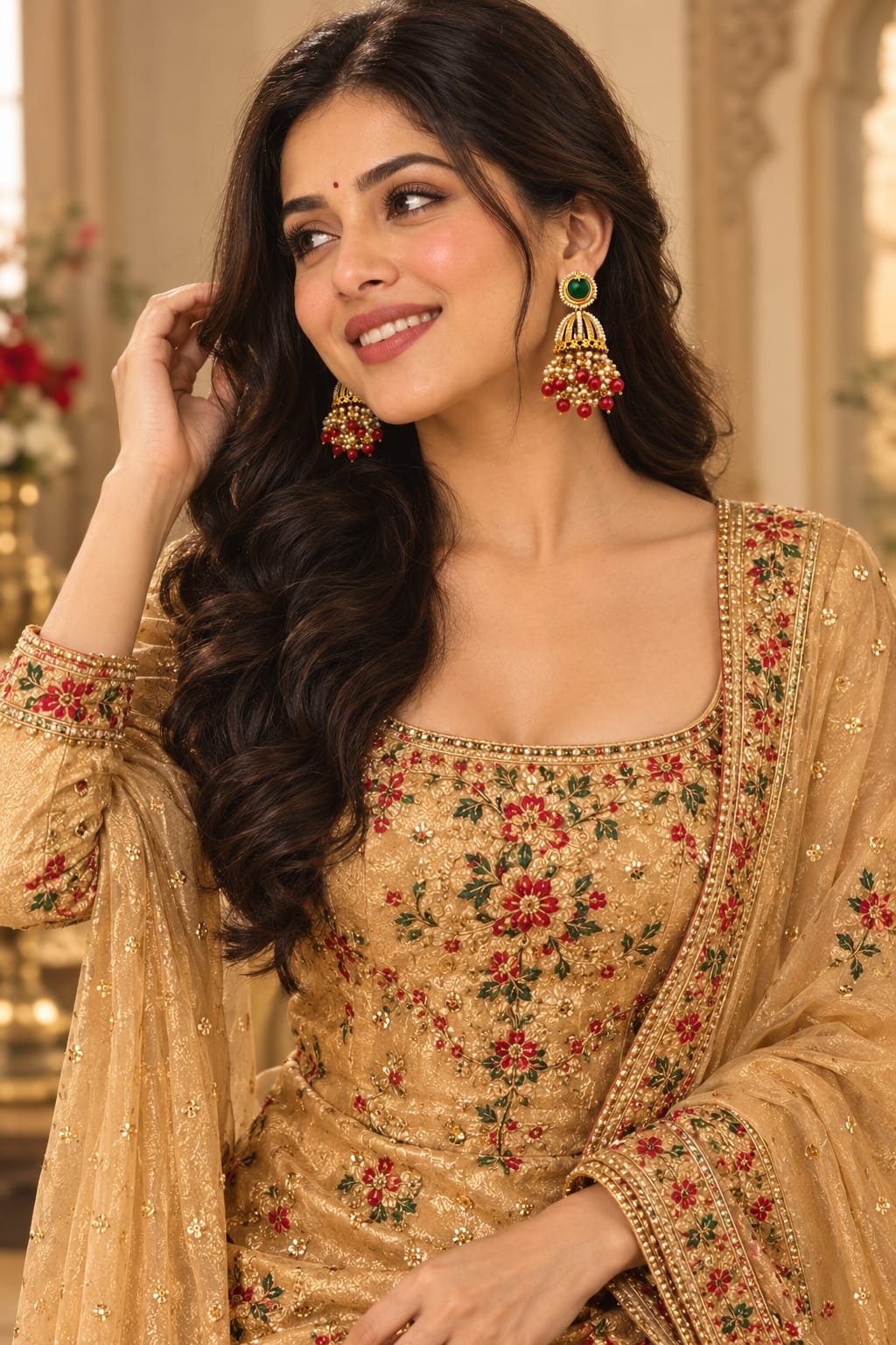 green stone pearl jhumka earrings with red beads model 1 Gold plated dome jhumka earrings with green stud, pearl cluster, and red bead drops on model.
