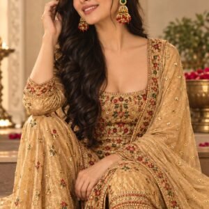 Model seated in gold and red floral embroidered sharara suit wearing green stone jhumka earrings.