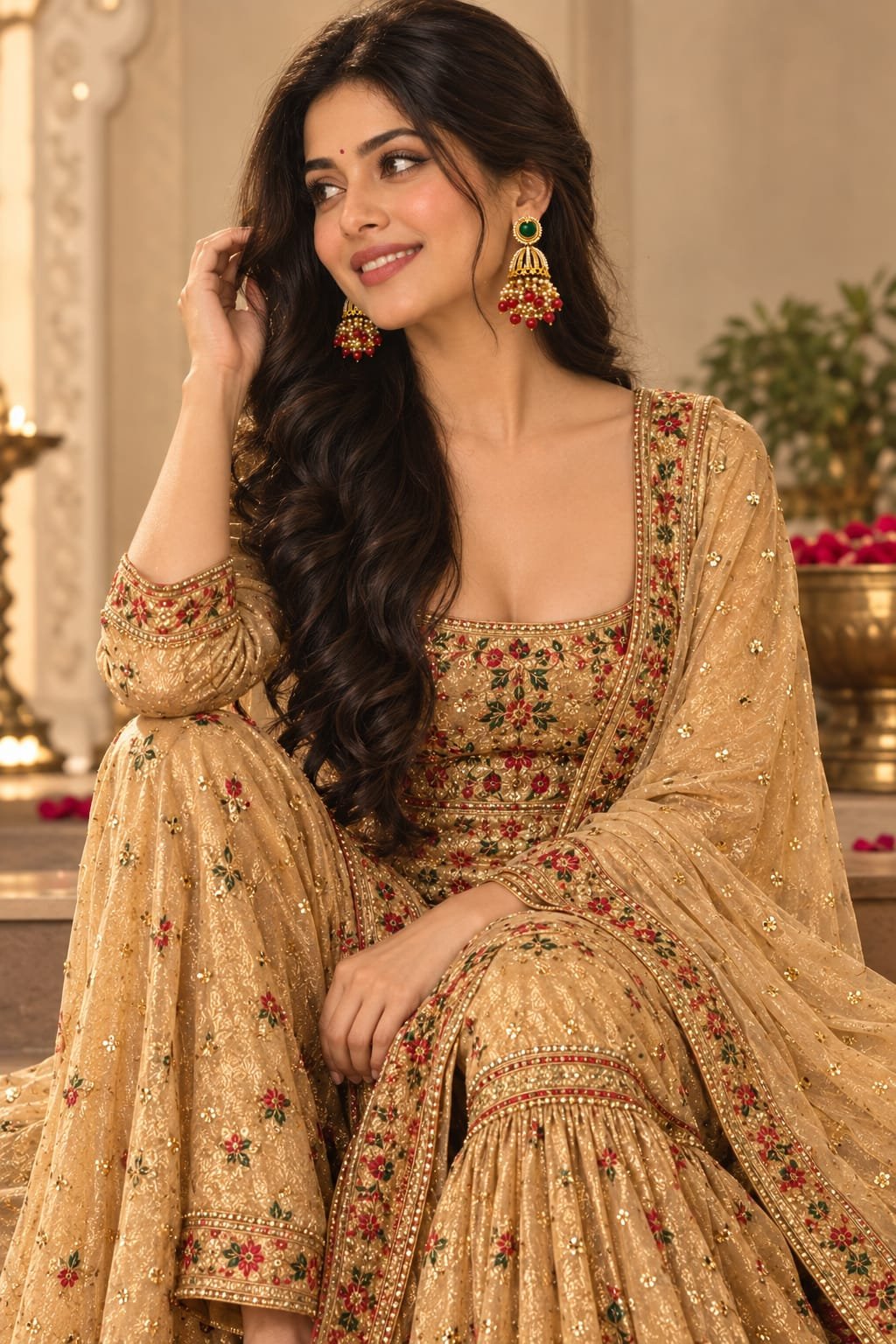 green stone pearl jhumka earrings with red beads model 2 Model seated in gold and red floral embroidered sharara suit wearing green stone jhumka earrings.