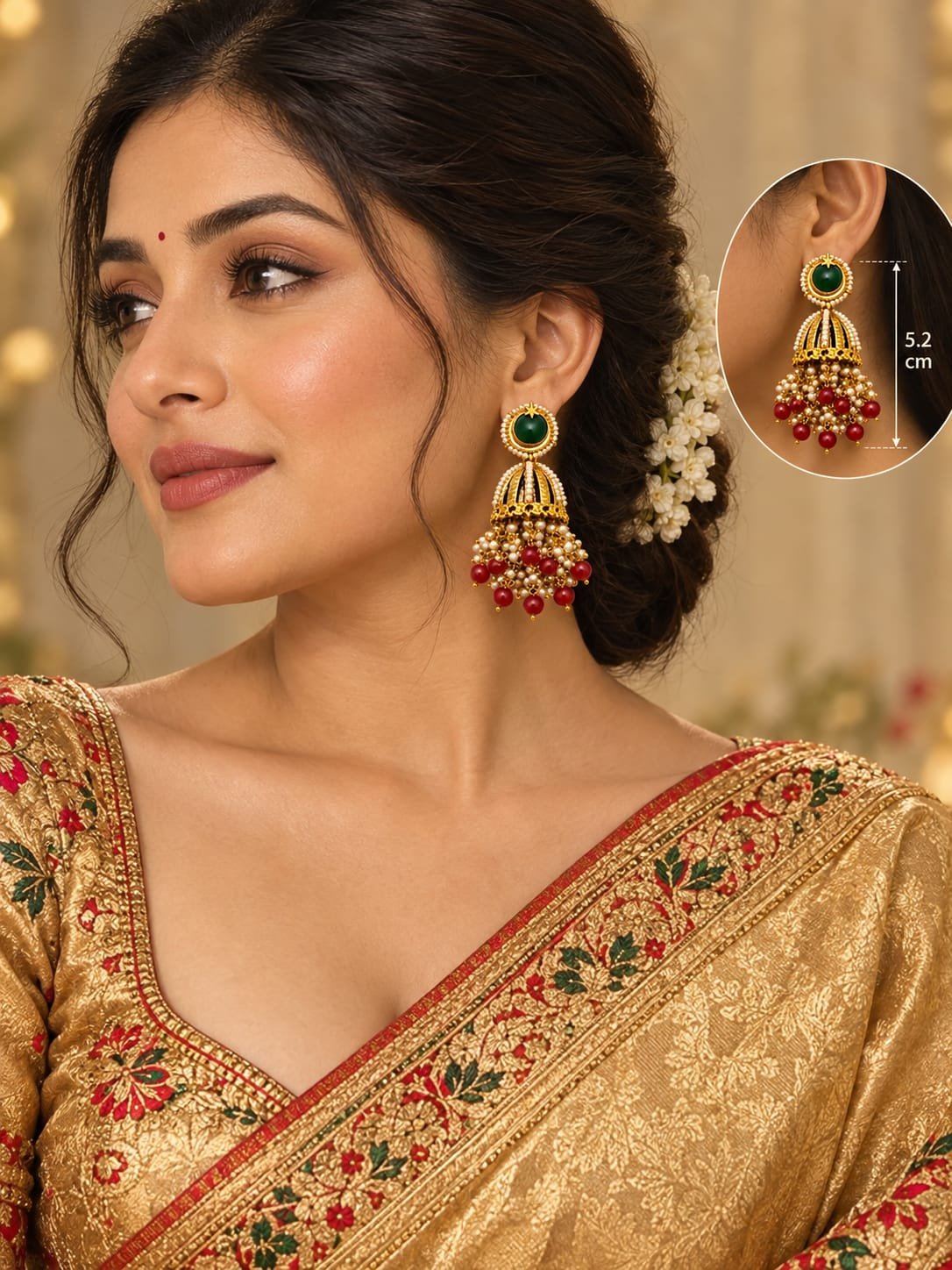 green stone pearl jhumka earrings with red beads model 3 5.2 cm green stone and pearl jhumka earrings with red bead clusters worn by model in low bun hairstyle.