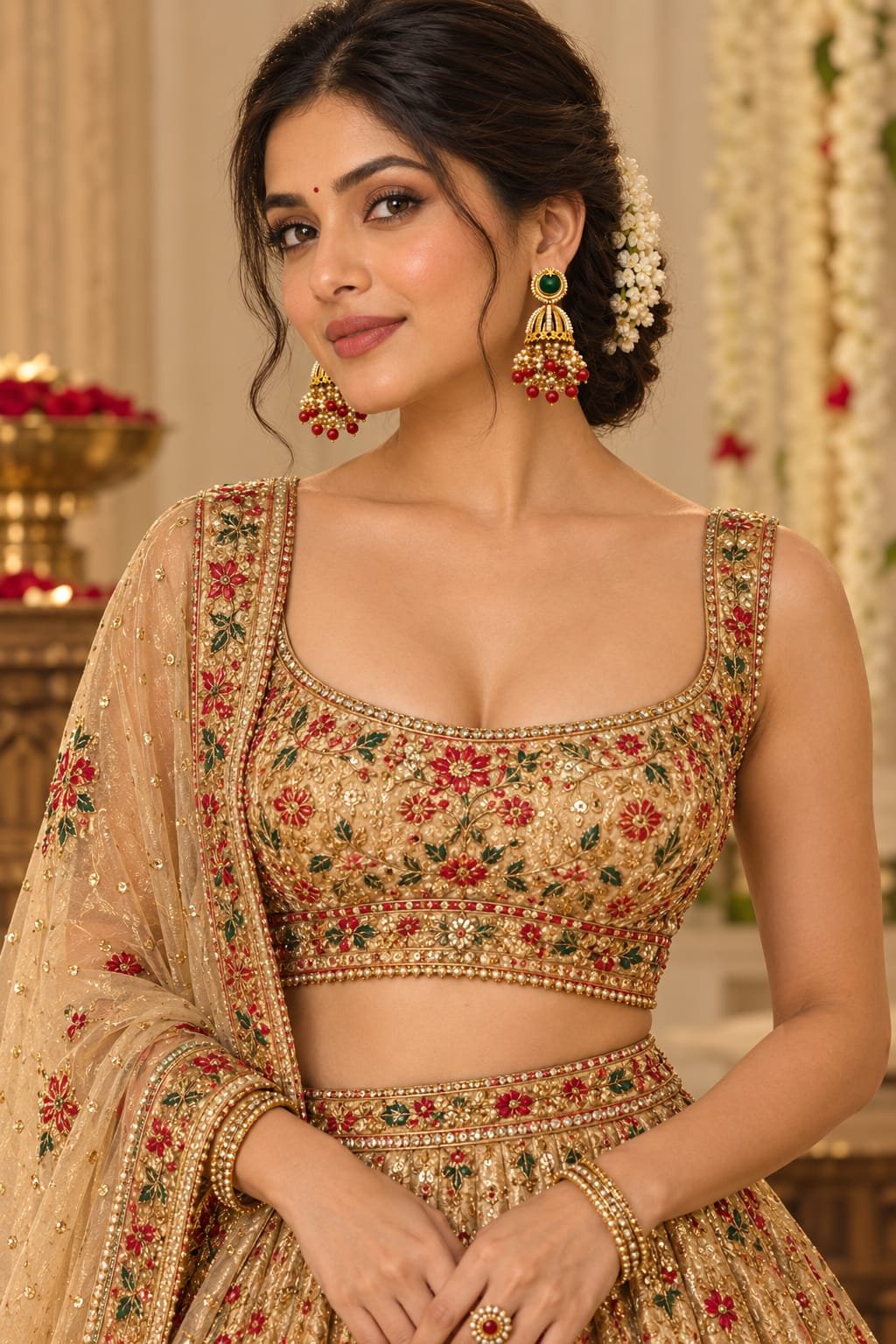 green stone pearl jhumka earrings with red beads model 4 Indian festive look featuring gold crop top lehenga paired with green stone and red bead jhumka earrings.