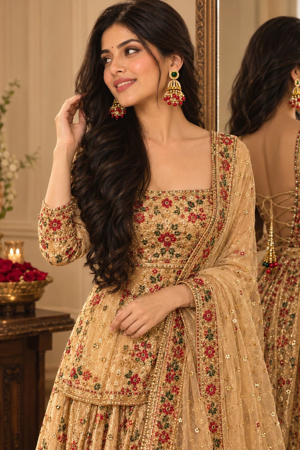 green stone pearl jhumka earrings with red beads model 5 Model standing near mirror wearing gold embroidered kurta with red bead green stone pearl jhumka statement earrings.