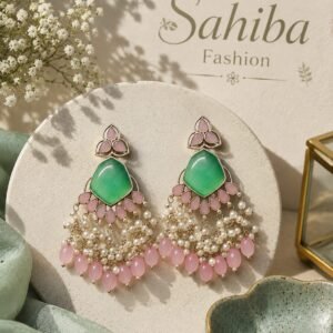 Green stone pink bead pearl statement earrings with silver-toned detailing