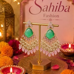 green stone with pink beads statement earrings mockup 3