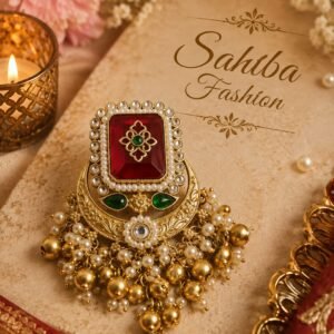Maroon stone golden Chandbaliya earrings with pearl border, intricate design and hanging gold beads