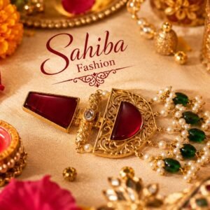 Sahiba Fashion traditional gold statement earrings with maroon stones, pearl clusters, and emerald green bead drops