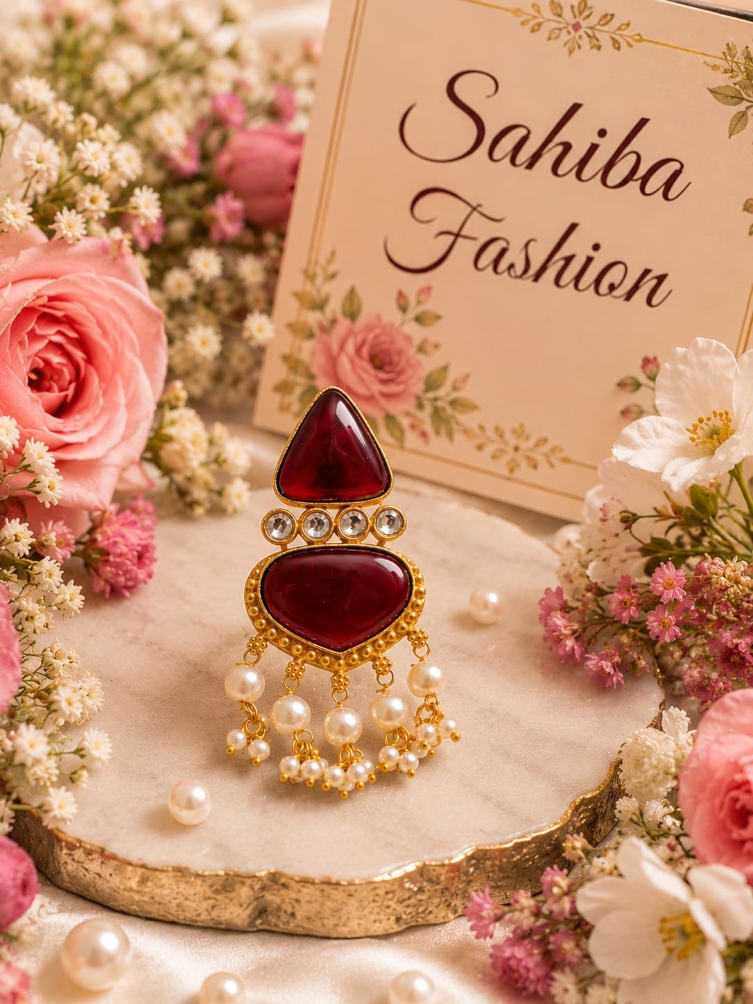 maroon stone with white pearl earrings mockup 1 Sahiba Fashion maroon stone earrings with white pearl drops and floral rose background