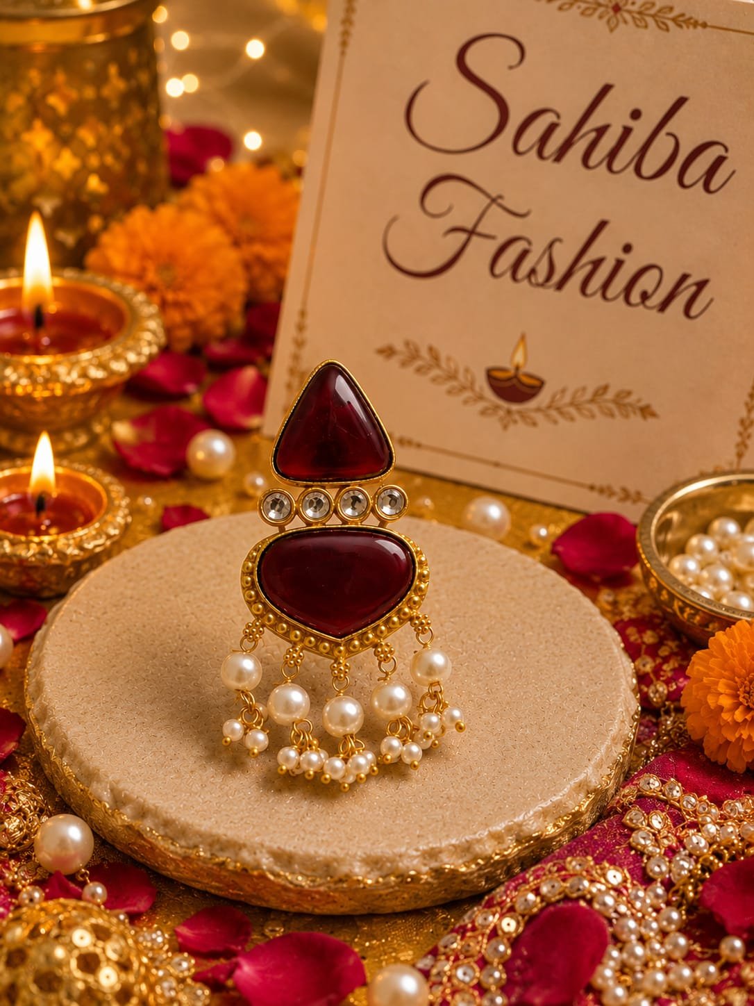 maroon stone with white pearl earrings mockup 2 Traditional maroon Kundan earrings with white pearl tassels and festive Diwali diyas