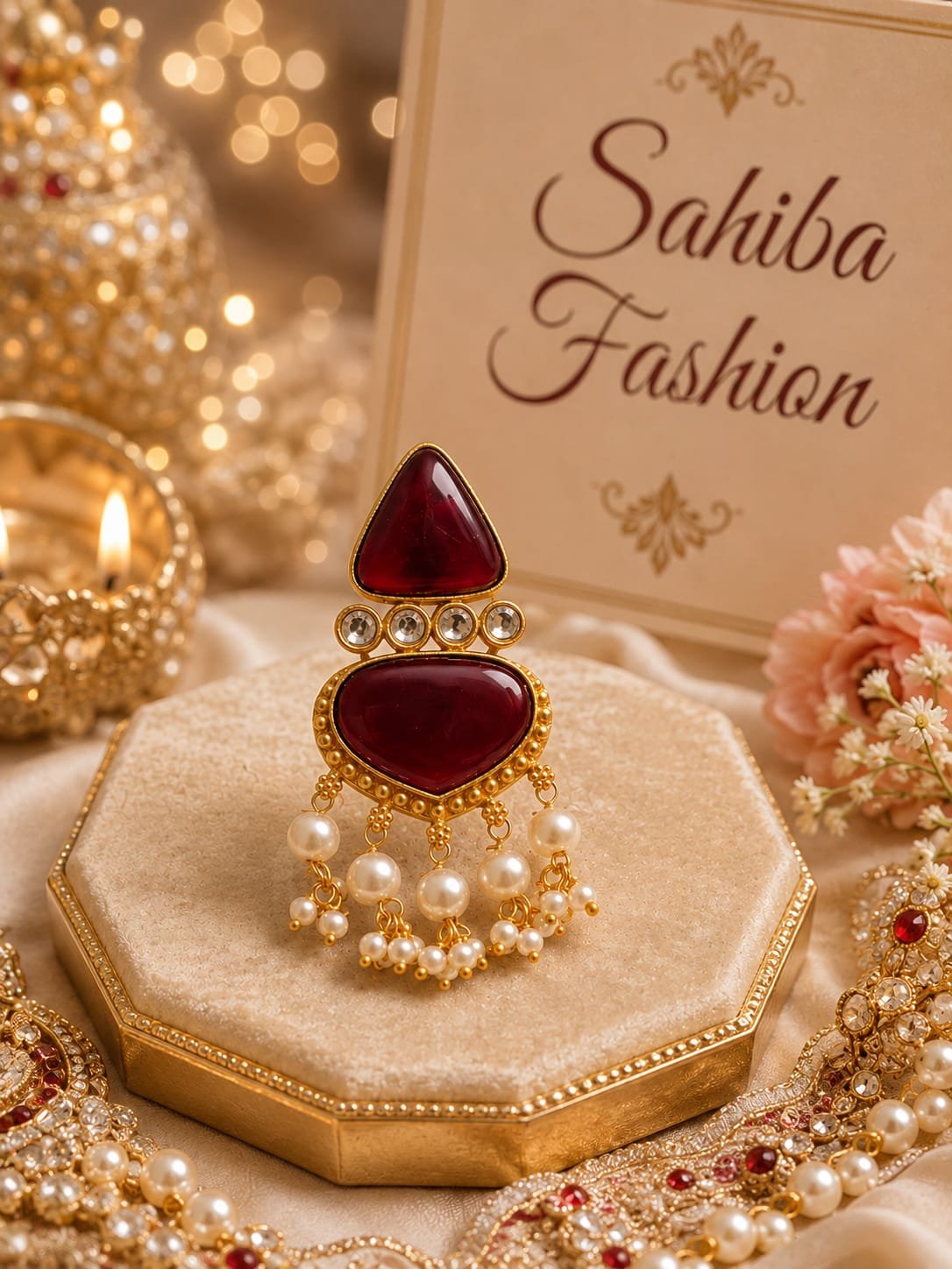 maroon stone with white pearl earrings mockup 3 Maroon cabochon stone statement earrings with pearl hangings on an octagonal marble stand