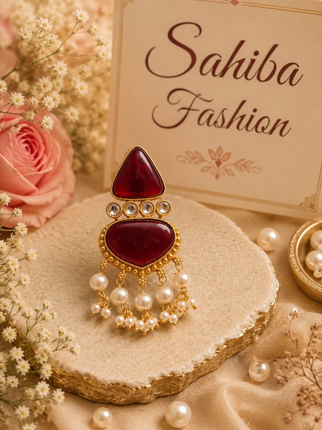 maroon stone with white pearl earrings mockup 4 Sahiba Fashion designer maroon gemstone earrings with pearl accents on gold-rimmed pedestal