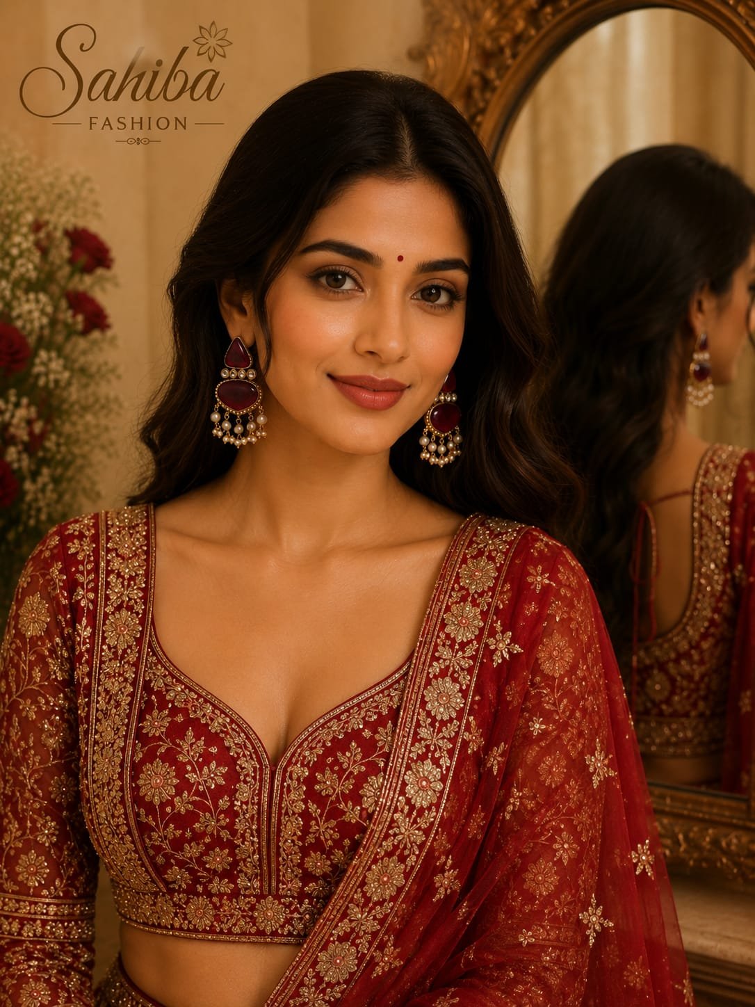 maroon stone with white pearl earrings model 1 Indian model wearing Sahiba Fashion maroon stone earrings and embroidered bridal lehenga