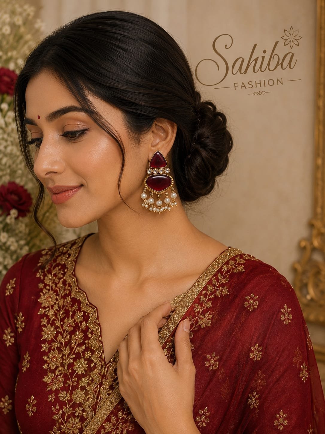 maroon stone with white pearl earrings model 2 Side profile of model wearing ethnic maroon stone drop earrings with elegant hair updo