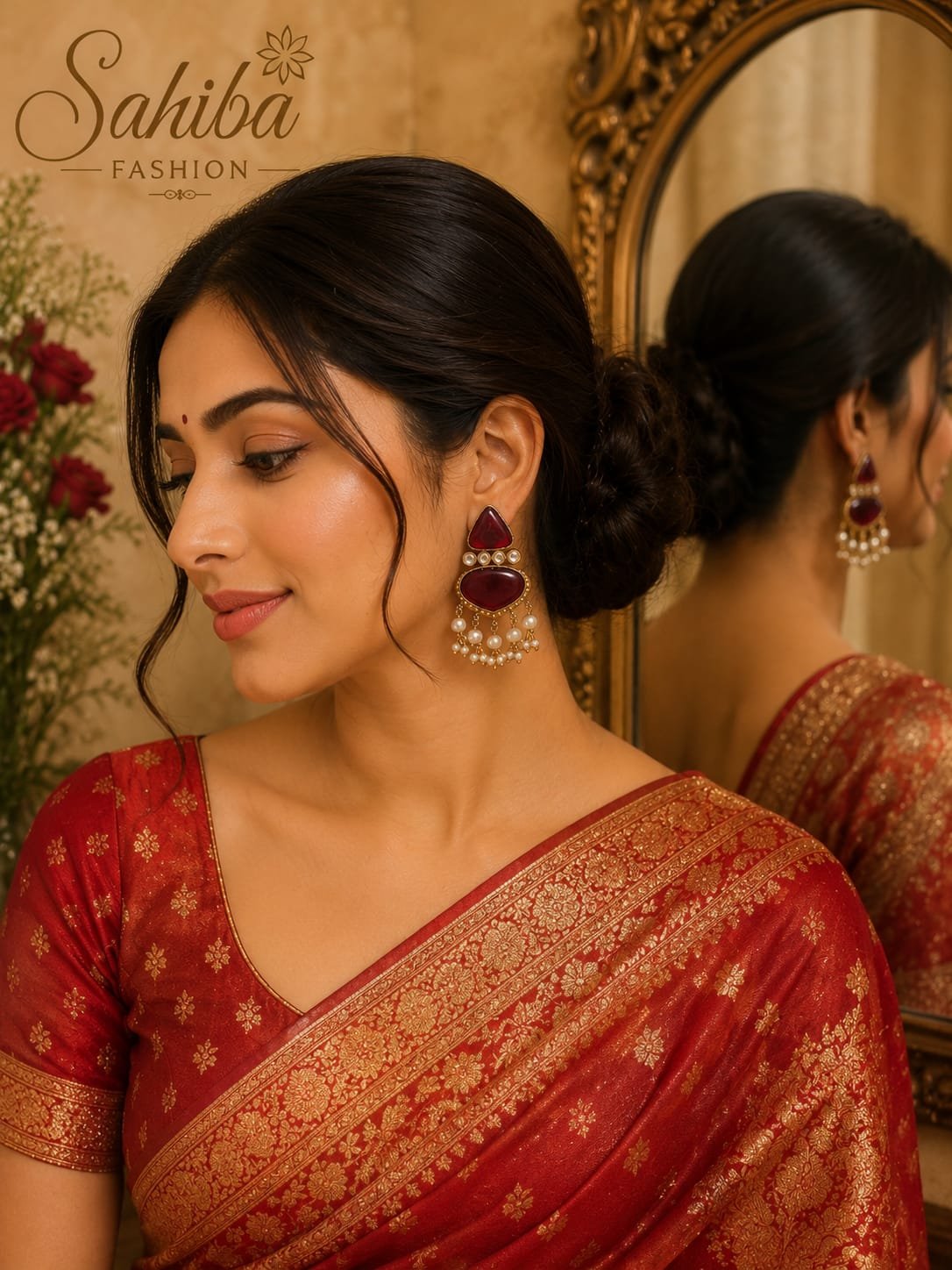 maroon stone with white pearl earrings model 3 Woman wearing traditional maroon stone earrings with pearl beads and red Banarasi silk saree