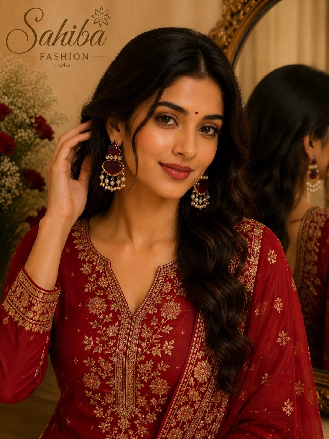maroon stone with white pearl earrings model 4 Model styling Sahiba Fashion maroon stone dangle earrings with festive ethnic wear