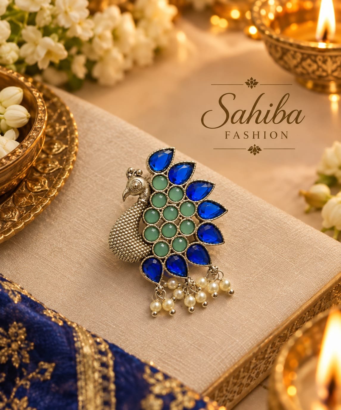 peacock shaped silver stud earrings with green & blue stone & pearls mockup 1 Silver-finish peacock brooch embellished with mint green and royal blue stones, accented with hanging pearl beads.