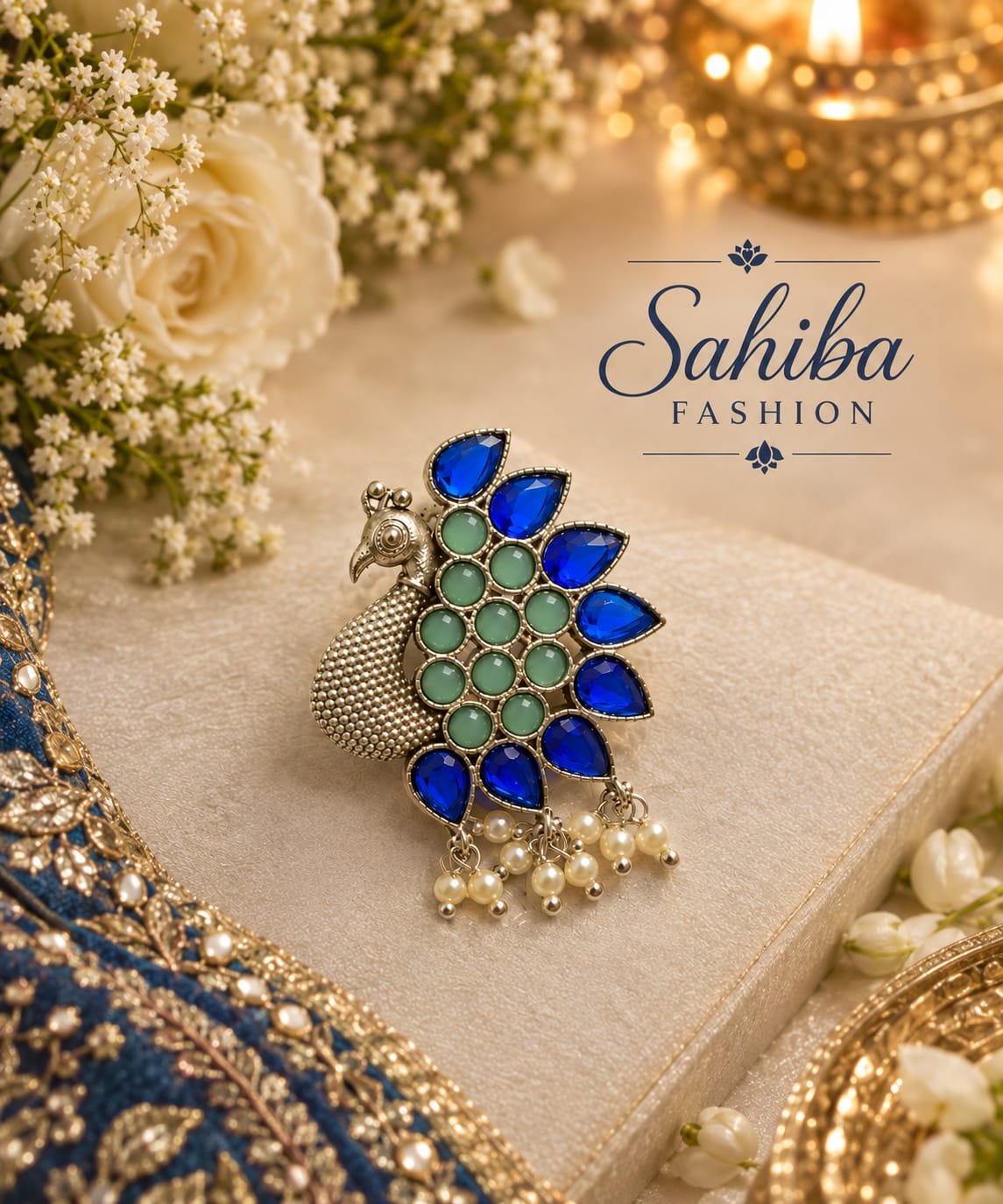 peacock shaped silver stud earrings with green & blue stone & pearls mockup 2 Silver-tone peacock stud earring with royal blue crystals, mint green stones, and pearl drops on a festive display