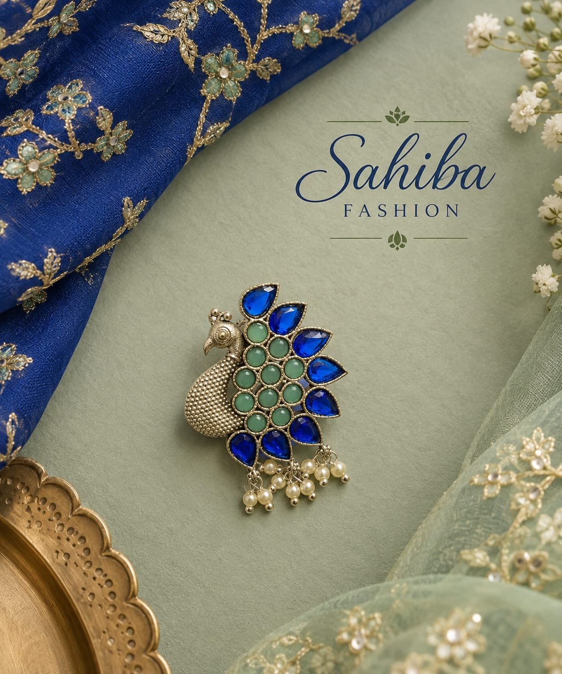 peacock shaped silver stud earrings with green & blue stone & pearls mockup 4 Antique silver peacock stud earring featuring blue faceted stones, mint green inlay, and dangling pearls.